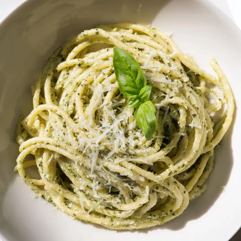 Overhead view of Creamy Sunflower Seed Pesto Pasta in a white bowl, featuring a creamy, bright green pesto coating every noodle.