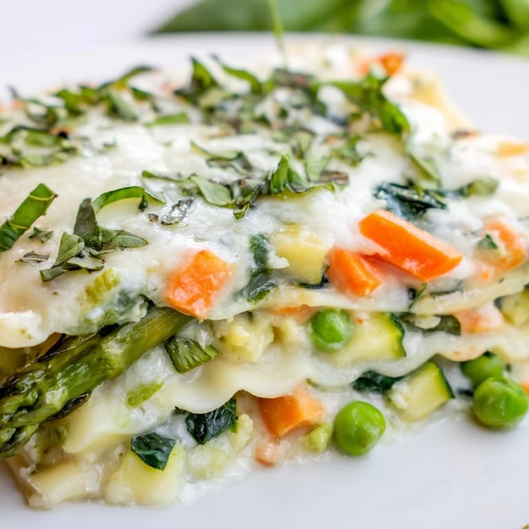 Overhead view of Spring Veggie Alfredo Lasagna in a baking dish, highlighting colorful veggies and melted Parmesan cheese.