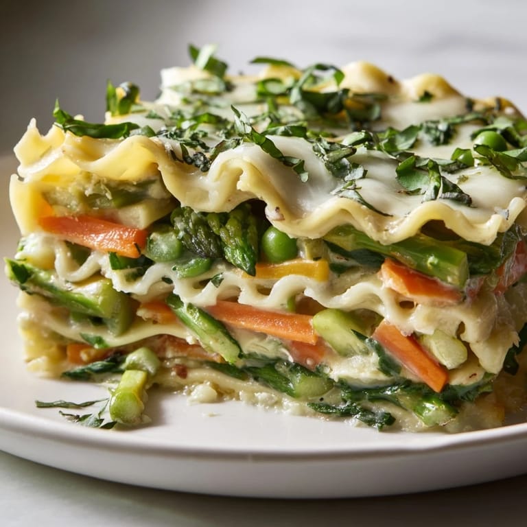 Slice of Spring Veggie Alfredo Lasagna served on a plate, showcasing vibrant green vegetables and a light, creamy Alfredo topping.  