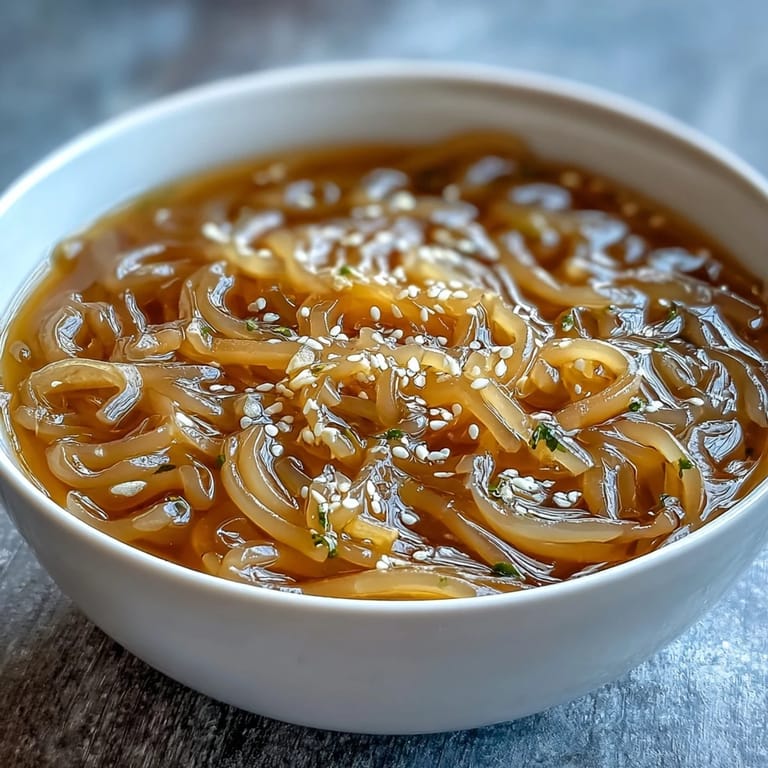Shirataki noodles swimming in aromatic ginger-garlic broth topped with chili slices and toasted sesame seeds.