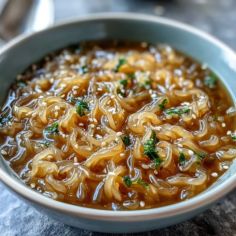 Close-up of shirataki noodles in savory bone broth with spring onions and halved soft-boiled eggs.