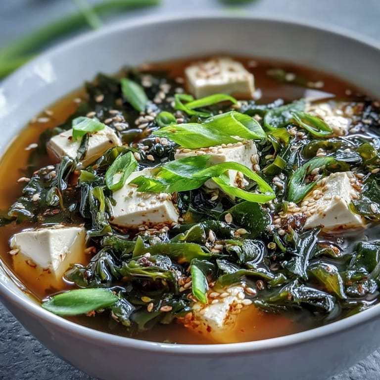 Golden dashi broth with soft tofu and rehydrated wakame, garnished with fresh scallions for a light, warming Japanese soup.