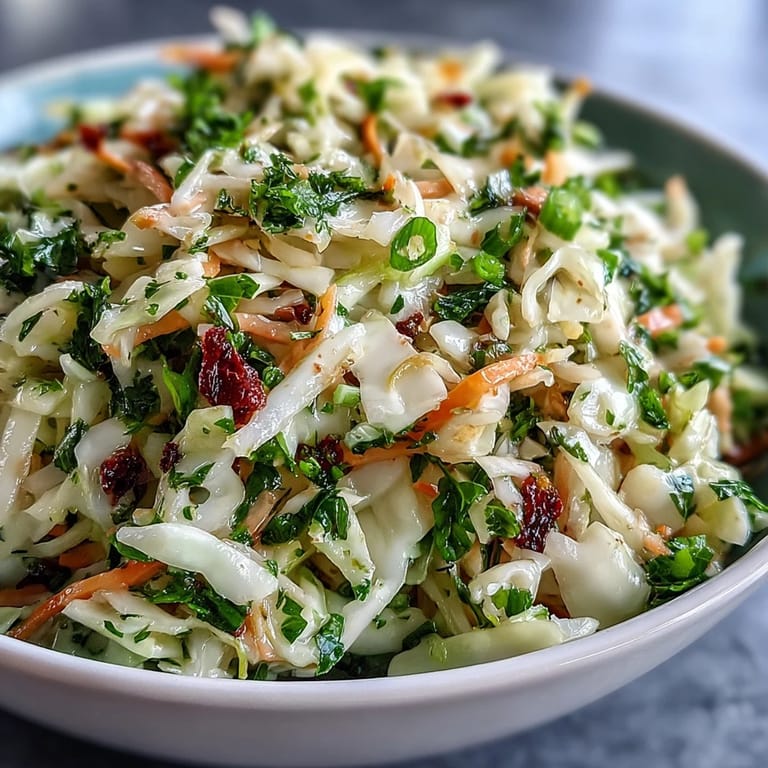 A close-up of Sauerkraut Slaw in a white bowl, garnished with green onions and parsley for a vibrant side dish.