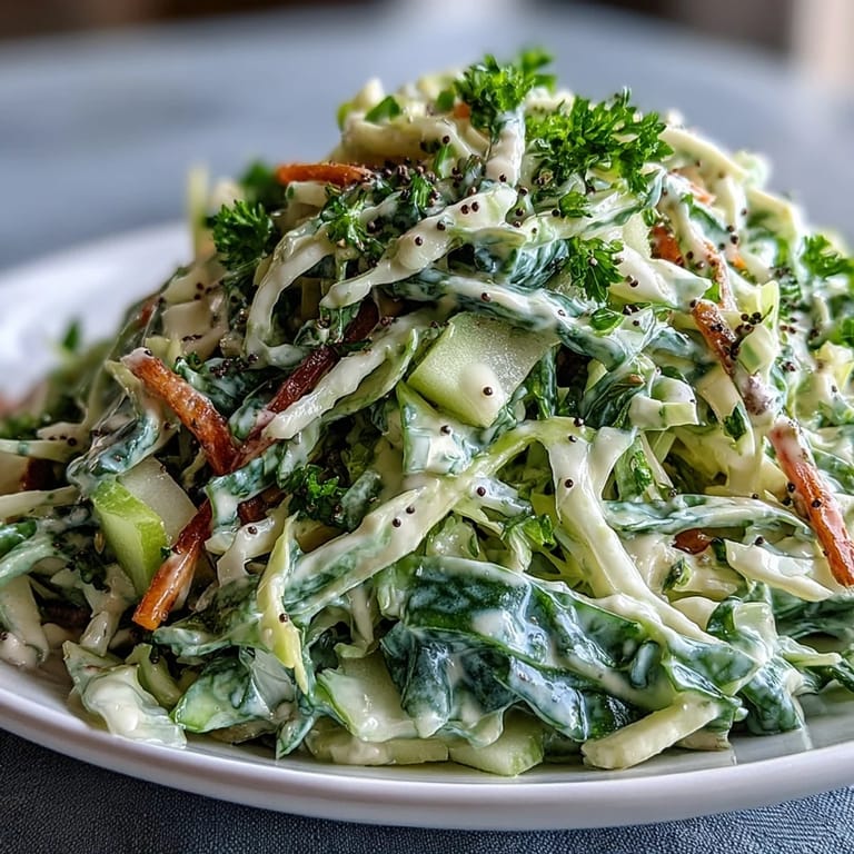 Shredded Green Cabbage and Apple Slaw with grated carrots and green onions in a creamy Dijon dressing, ready to eat after 15 minutes.