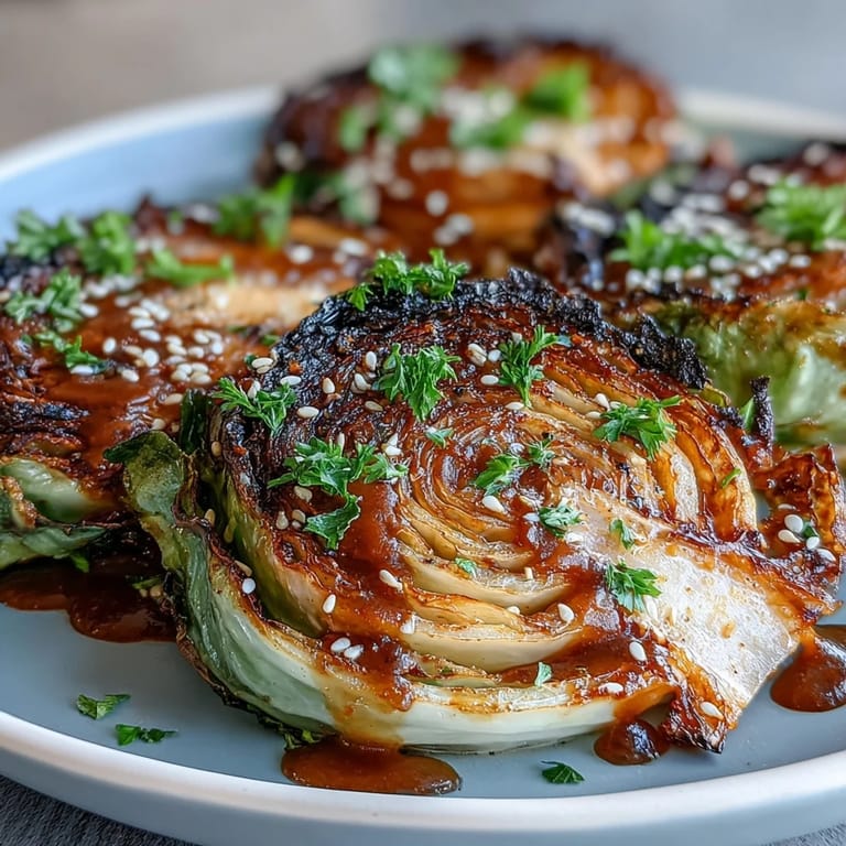Smoky, savory cabbage steaks beautifully roasted and topped with vibrant tahini.