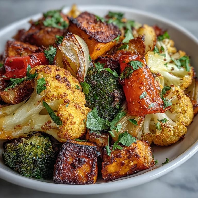 Vibrant Anti-Inflammatory Turmeric Roasted Vegetables tossed in olive oil and spices, roasted to perfection and piled high in a ceramic bowl.