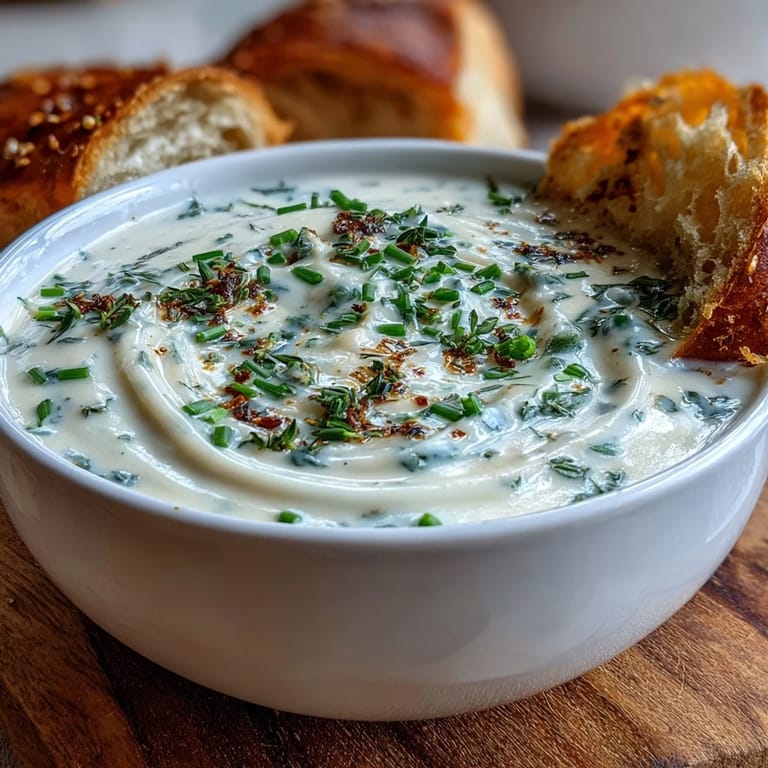 Top-down view of homemade roasted garlic and herb soup, showing golden roasted garlic cloves and a swirl of olive oil.