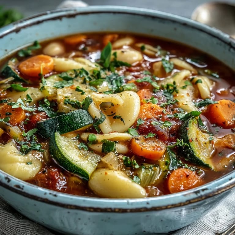Close-up of Vegetable Minestrone Variations, revealing tender beans and pasta in a rich tomato broth.