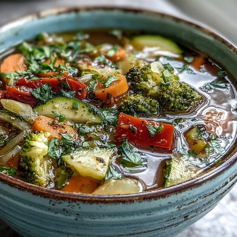 Close-up of vibrant Ginger Vegetable Soup with tender broccoli, carrots, and zucchini floating in the savory golden broth.