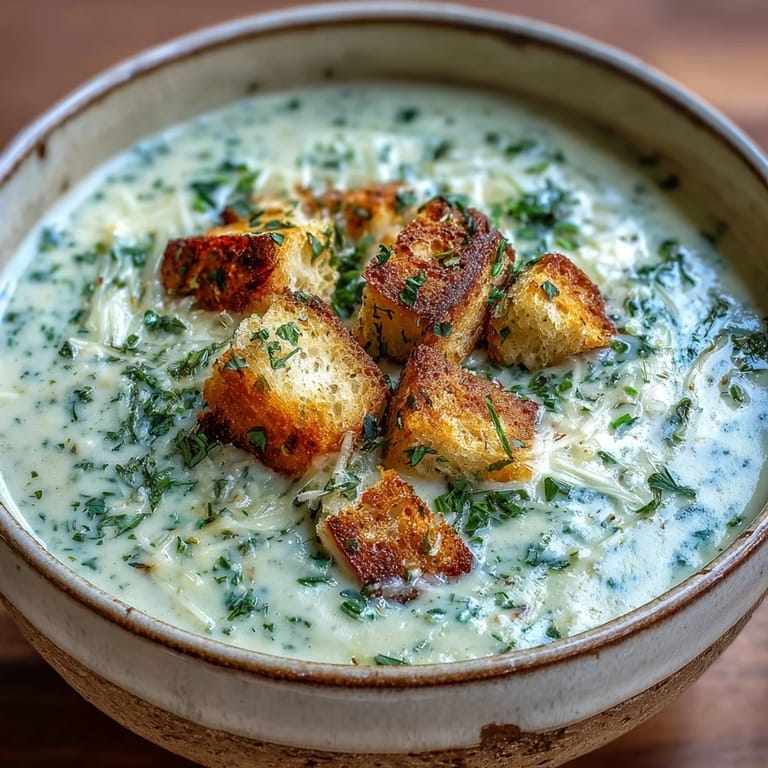 Homemade Garlic and Herb Soup topped with Parmesan and thyme, perfect for a light vegetarian starter on a cool day.