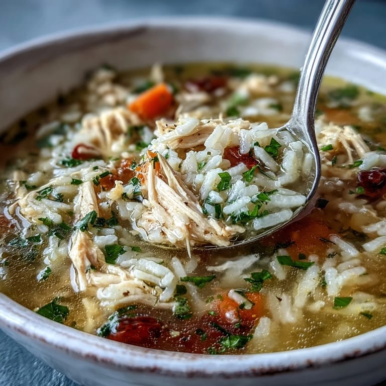 Close-up view of homemade Cozy Winter Chicken and Rice Soup showing fluffy rice grains and aromatic herbs in a clear golden broth.