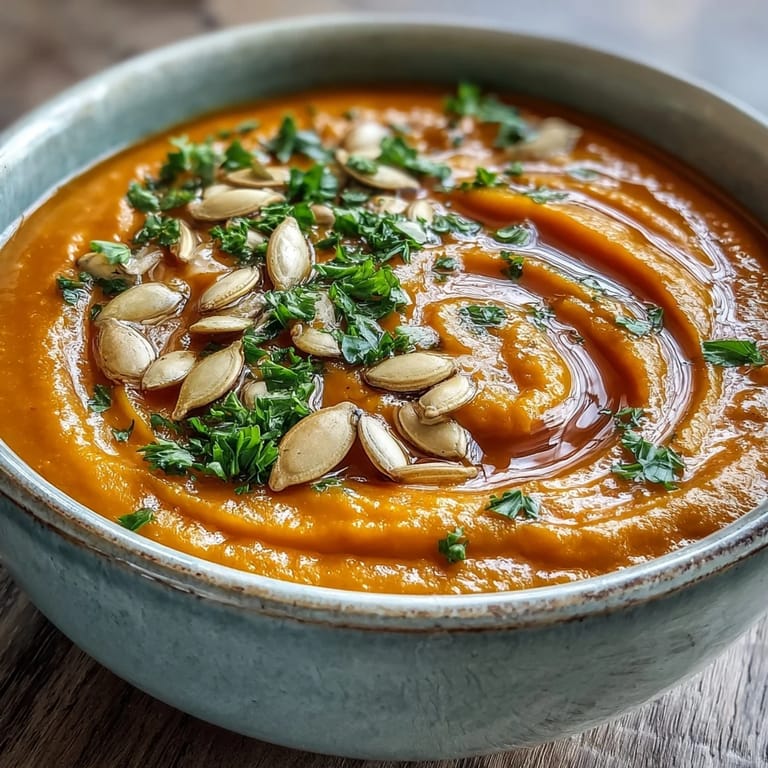 Ladle pouring velvety Pumpkin Soup into a rustic bowl, ready to enjoy.