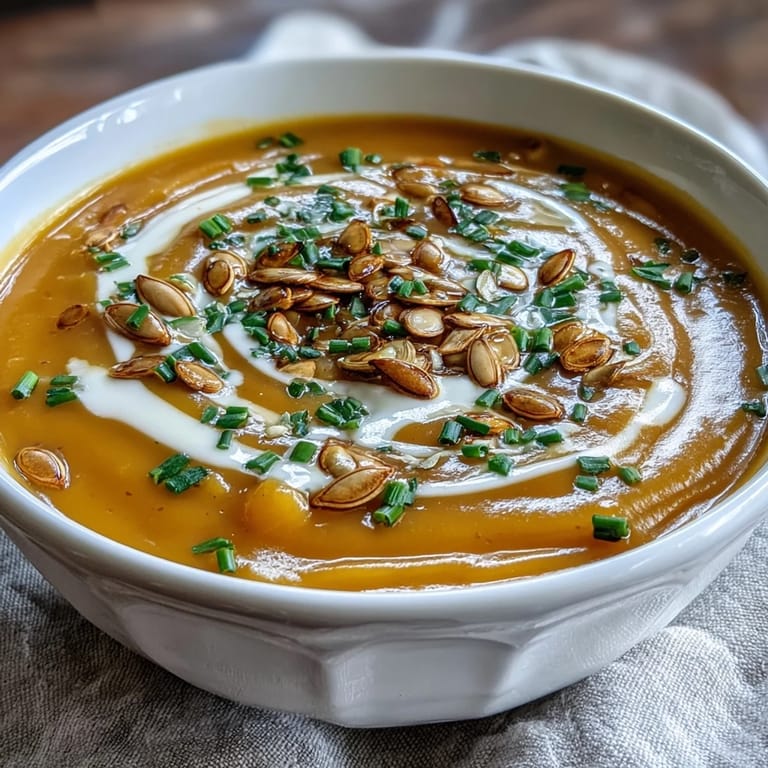 A chef's hand ladling warm Acorn Squash Soup into a ceramic bowl, topped with a swirl of cream and fresh herbs.