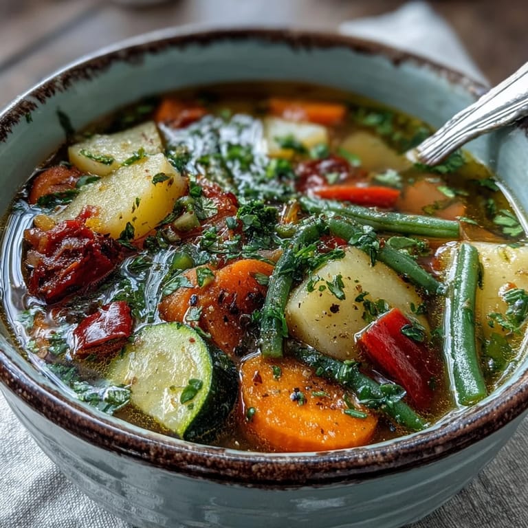 Hearty Italian Herb Vegetable Soup ladleful brimming with colorful carrots, zucchini, and tender spinach leaves in rich broth.
