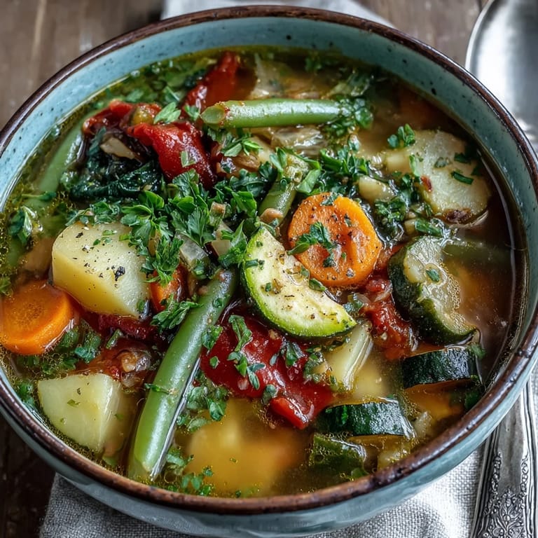 Bowl of Italian Herb Vegetable Soup garnished with parsley, served alongside crusty bread for a comforting vegan lunch.