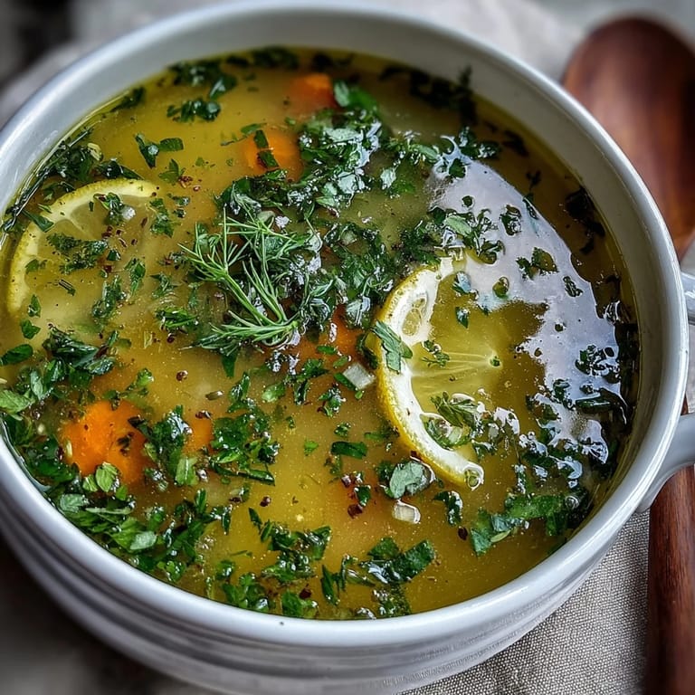 Lemon Herb Soup served with crusty bread on a linen napkin, fresh herbs and lemon wedges on the side for dipping.
