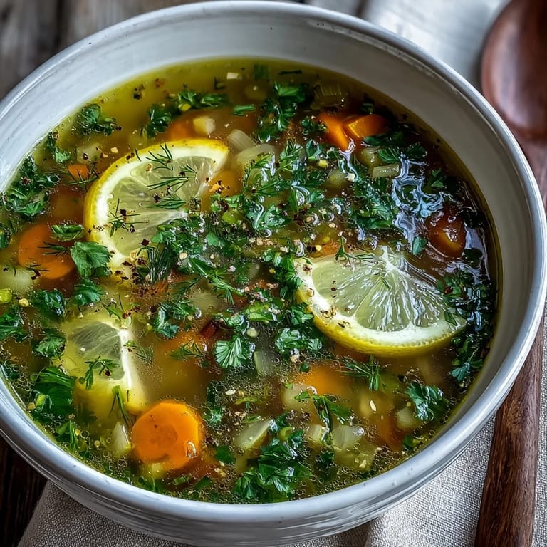 A close-up of vibrant Lemon Herb Soup in a rustic pot, wooden spoon stirring in fresh parsley, chives, and thyme.