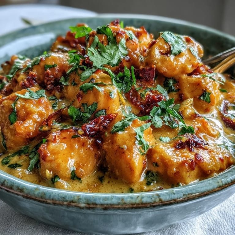 Tender pieces of chicken in a rich Easy Chicken Curry, garnished with fresh cilantro and a swirl of heavy cream.