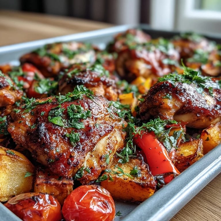 Golden chicken with crispy skin sits beside tender roasted vegetables on a tray, garnished with fresh herbs for a bright finish.