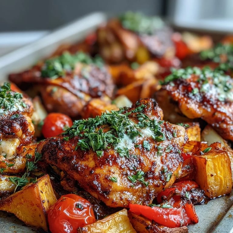 Colorful roasted sweet potatoes, red onion, and cherry tomatoes surround piri-piri chicken thighs, showcasing a vibrant, weeknight-friendly one-pan meal.