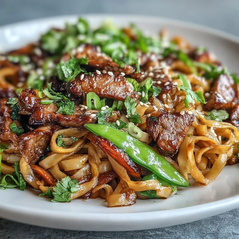 Close up on a fork lifting a portion of saucy Pork Noodle Stir-Fry, highlighting the tender meat and noodles coated in a rich, glossy sauce with fresh ginger and garlic aromas.