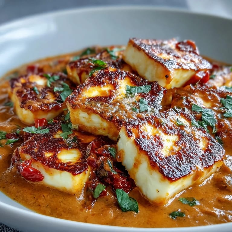 Family-style bowl of Creamy Halloumi and Tomato Curry served over fluffy basmati rice with warm naan.