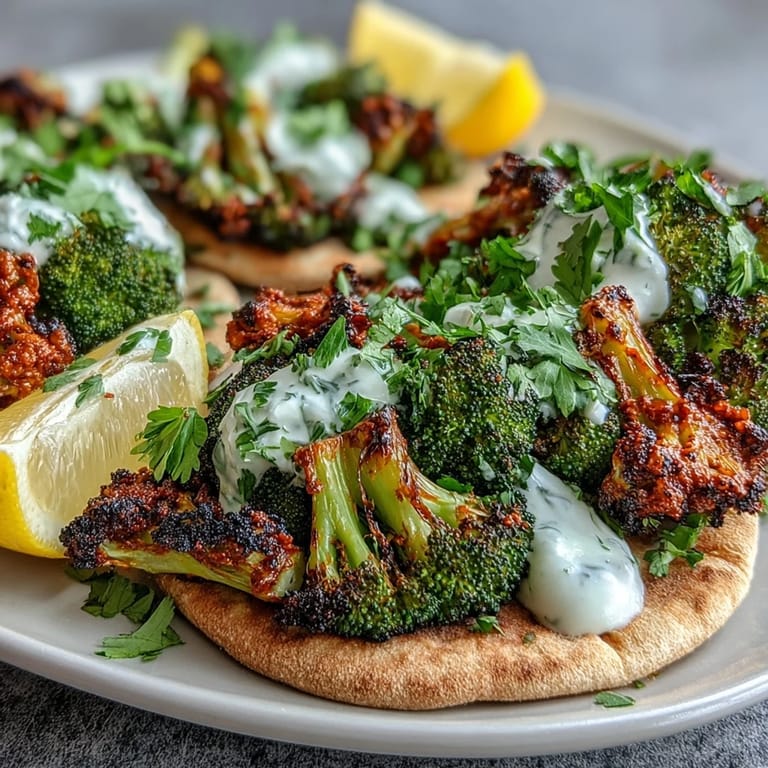 Harissa Broccoli and Flatbreads showcased with charred edges, lemon wedges, and creamy dollops of Greek yogurt.