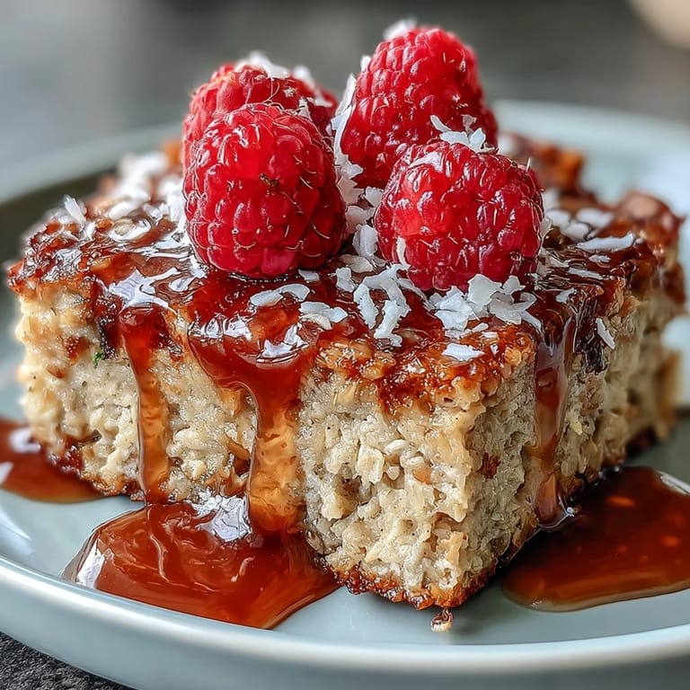 Fresh raspberry and toasted coconut topping on a warm square of vegan baked oatmeal.