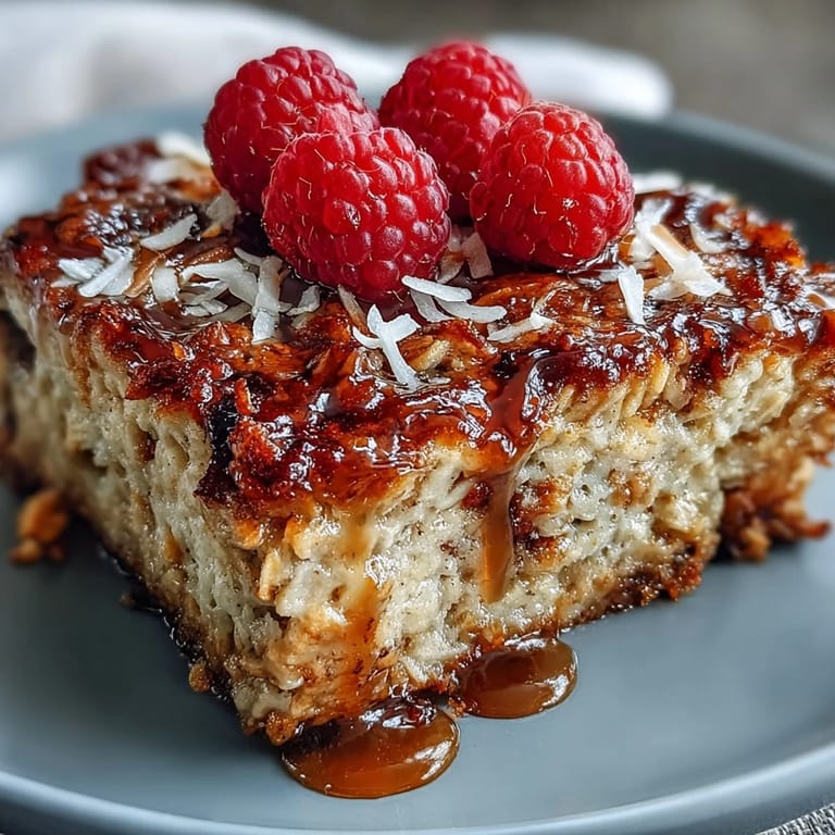 Plant-based Baked Oatmeal with Raspberry and Coconut served with almond milk for a cozy breakfast.