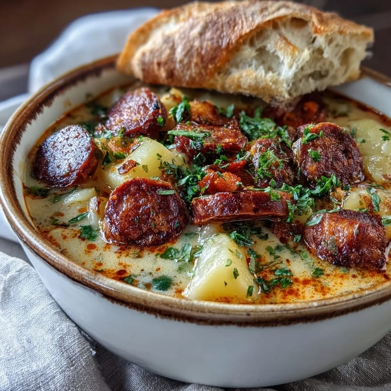 Ladles of rich Potato, Leek and Chorizo Soup poured into a white ceramic bowl, topped with fresh parsley. Steam rises from the smoky, creamy mixture, suggesting a comforting meal perfect for a cold evening.
