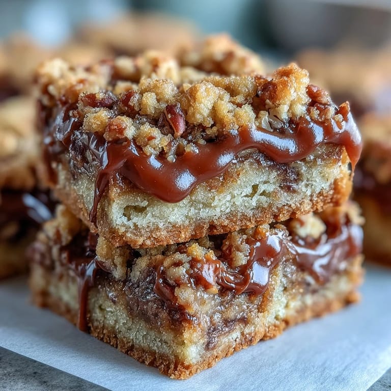 A close-up of Decadent Sweet and Chewy Turtle Bars with Chocolate and Caramel reveals toasted oats, buttery crumb topping, and chopped pecans on a white plate.