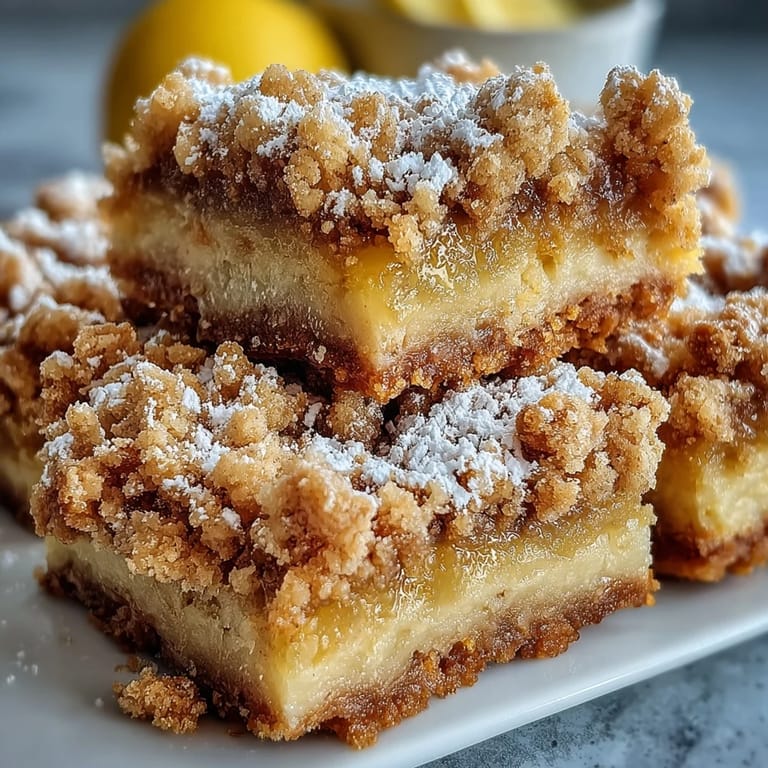 A close-up reveals the zesty lemon filling and buttery crumb topping of a sliced Homemade Lemon Crumb Bar.