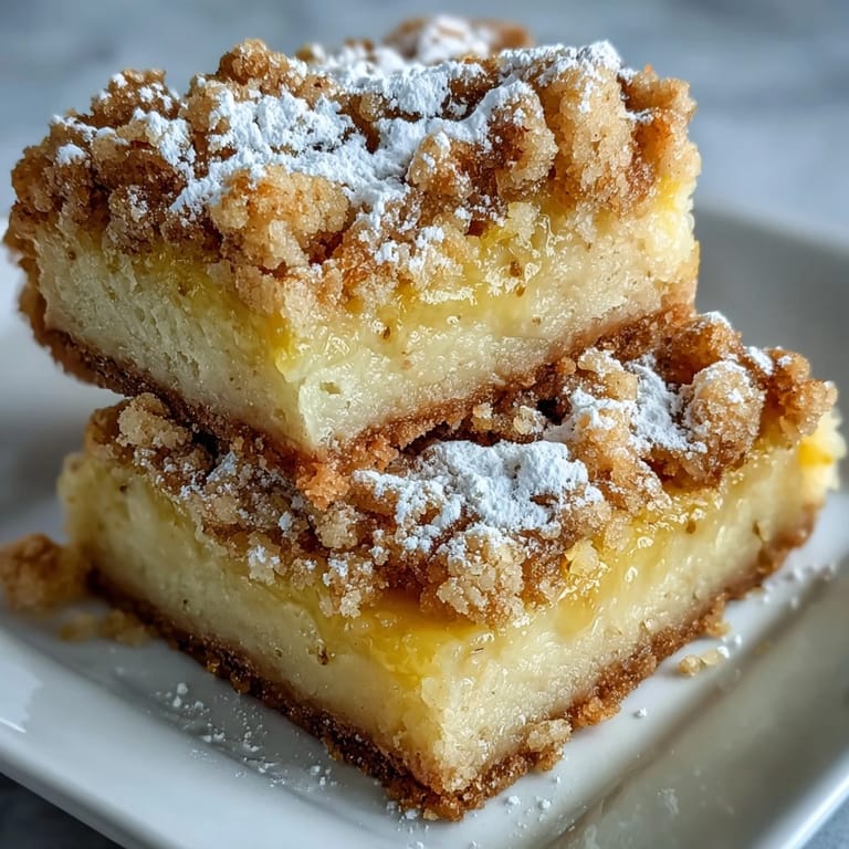 Homemade Lemon Crumb Bars are dusted with powdered sugar and served on a white plate, ready for afternoon tea.