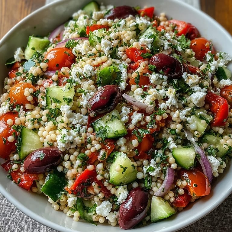 Hearty Mediterranean Pearl Couscous with crunchy cucumber, sweet bell pepper, and briny kalamata olives.