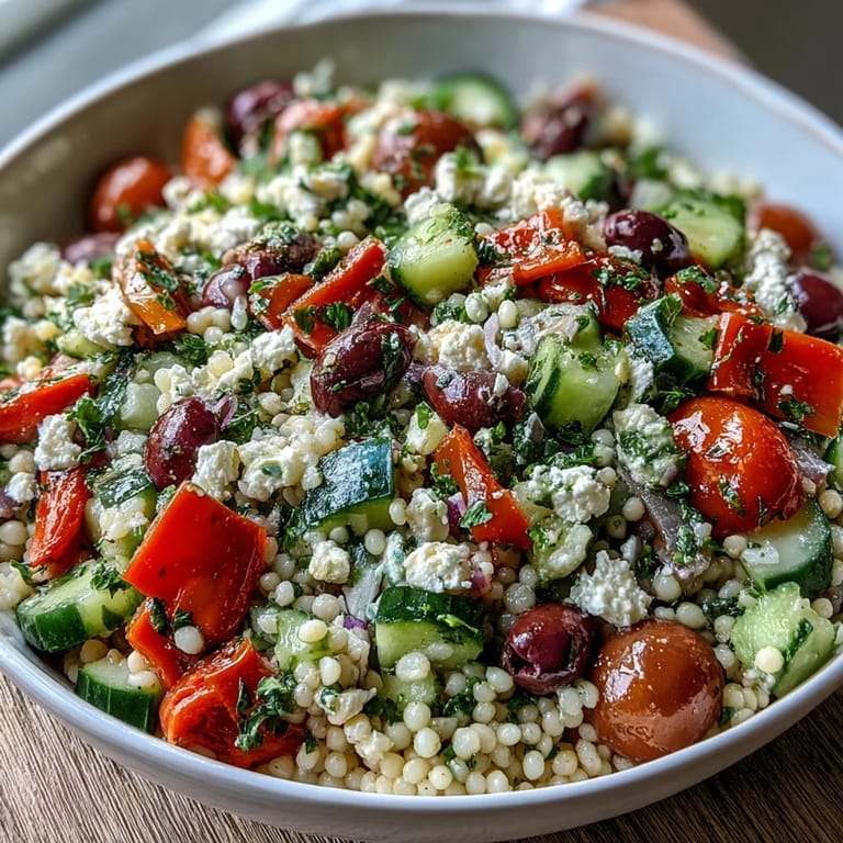 A chilled bowl of Mediterranean Pearl Couscous tossed with parsley and a zesty oregano vinaigrette.