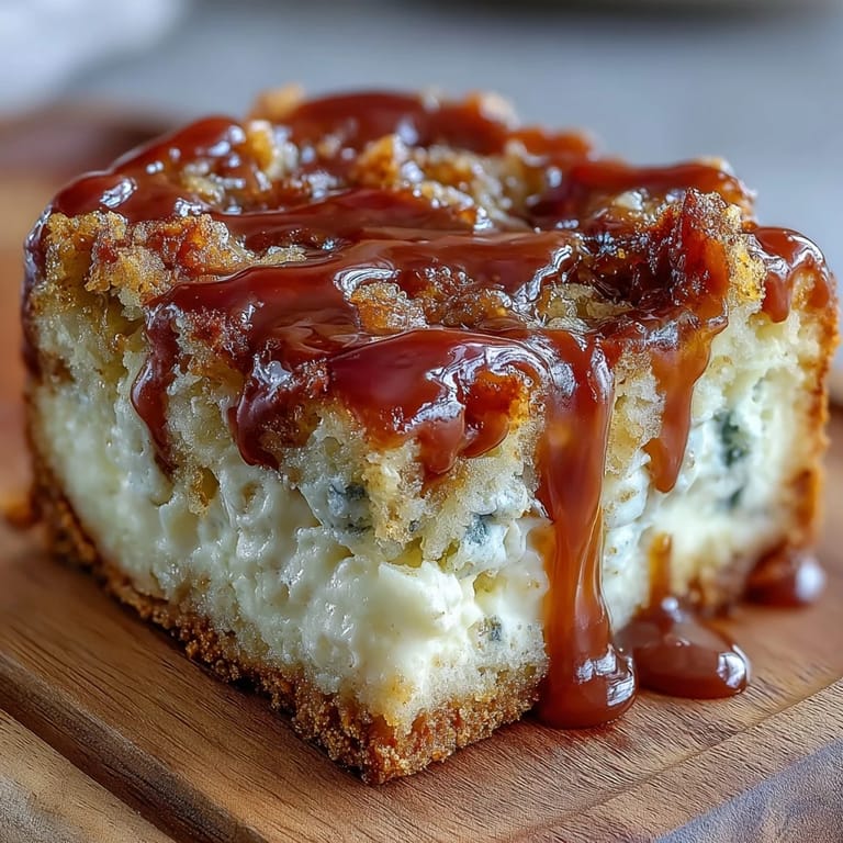 A slice of Caramel Cream Cheese Bread reveals a creamy cheesecake-like center and sweet caramel ribbons.