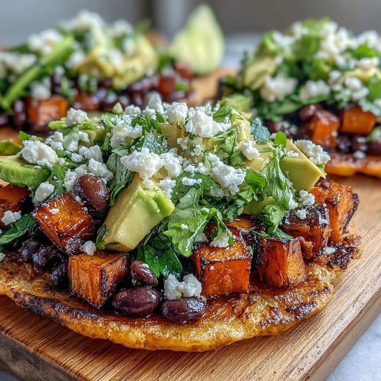 Golden roasted sweet potatoes and warm black bean corn filling layered on crunchy tostada shells.