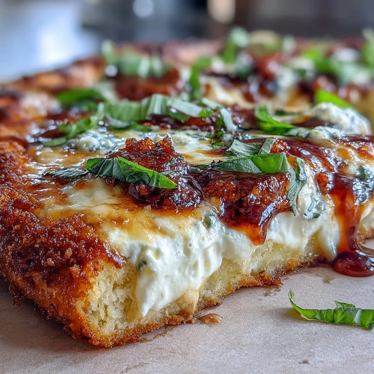 Freshly baked Hot Honey Ricotta Pizza showing melted mozzarella, ricotta dollops, and a glossy hot honey drizzle over the crust.
