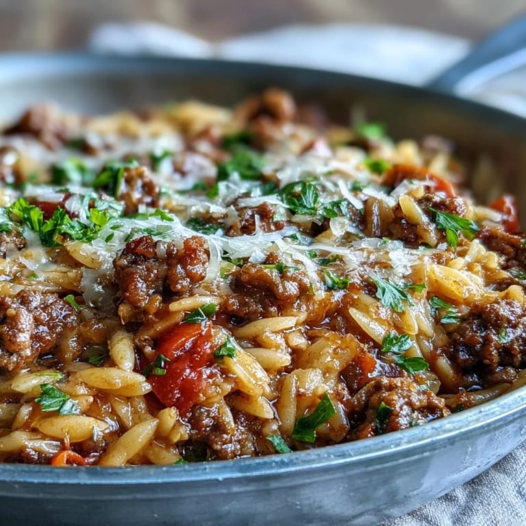 Freshly grated Parmesan cheese over a warm bowl of Comforting Ground Beef Orzo Dinner, ready to eat.