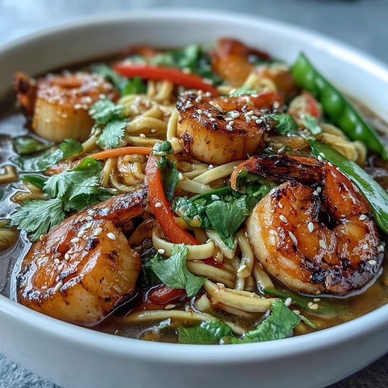 An overhead shot of an Asian Noodle Bowl with Shrimp and Scallops, featuring colorful vegetables and a steamy, aromatic broth.