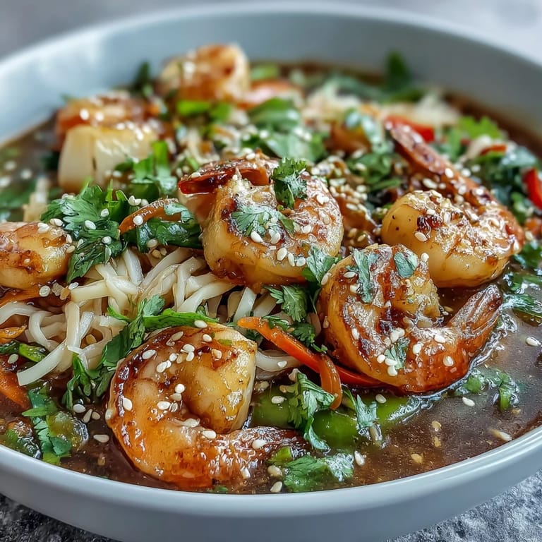 A savory Asian Noodle Bowl with Shrimp and Scallops served beside a light lager, ready for a pescatarian dinner.