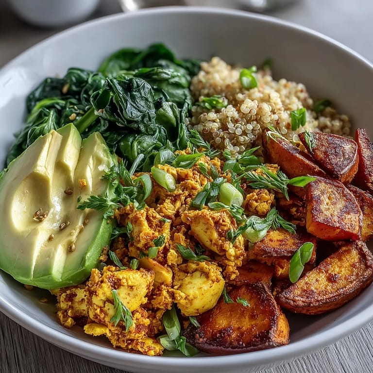 Hearty vegan breakfast bowl featuring savory tofu scramble, roasted sweet potatoes, sautéed spinach, fluffy quinoa, and creamy avocado, garnished with herbs.