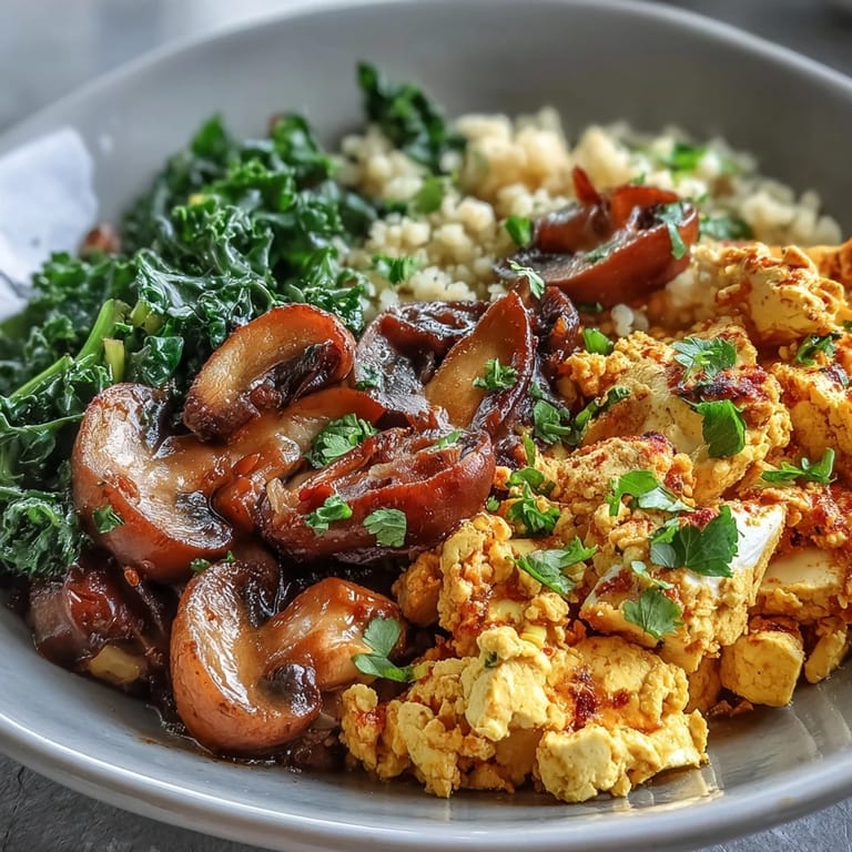A hearty plate of scrambled tofu breakfast bowl with creamy avocado slices and cherry tomatoes, perfect for a protein-packed start to the day.