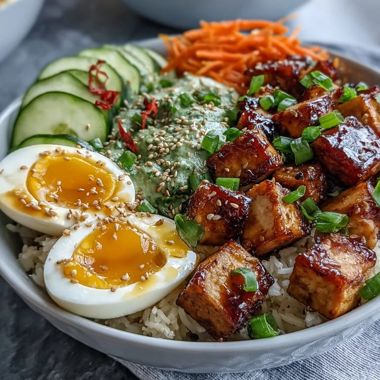The Tofu Jammy Egg Breakfast Bowl is drizzled with a zesty ginger scallion sauce and garnished with toasted sesame seeds and fresh cilantro.
