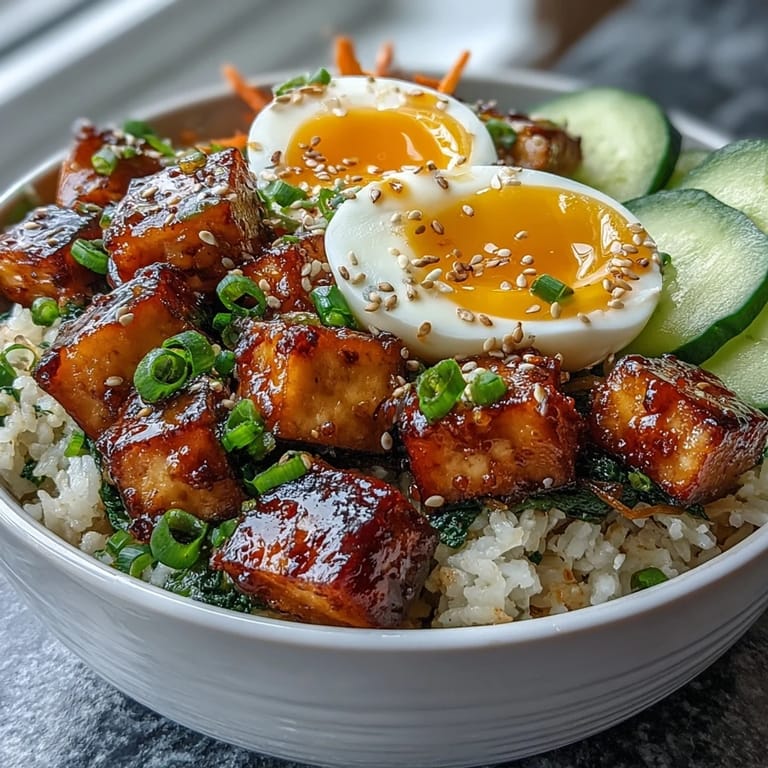 An overhead view of the Tofu Jammy Egg Breakfast Bowl reveals colorful cucumber slices and julienned carrot on warm rice with seasoned tofu and jammy eggs.