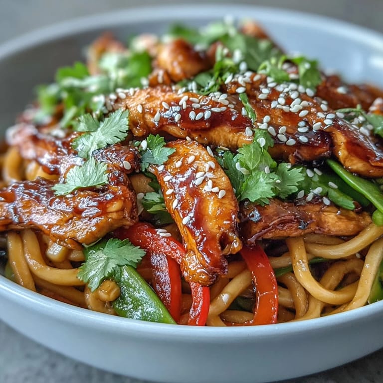 Healthy Sesame Chicken Noodle Bowl with snap peas and carrots served on a white plate ready to eat.