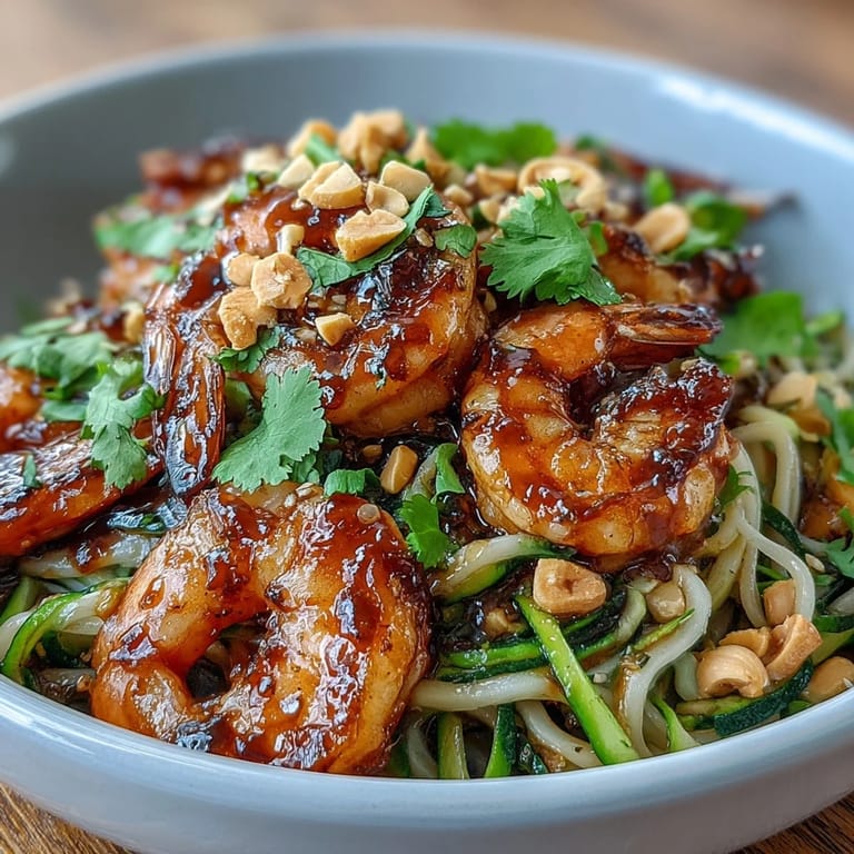 Colorful Asian Noodle Bowl ready to serve, piled high with sautéed shrimp, zucchini, and carrots, topped with chopped peanuts and cilantro for a flavorful finish.