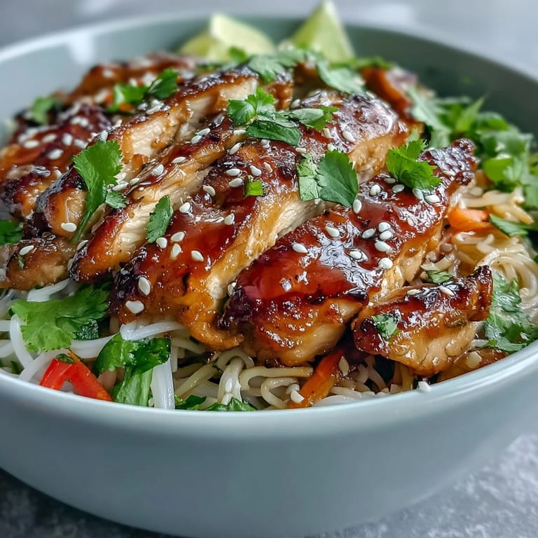 Asian Chicken Noodle Bowl topped with fresh cilantro, toasted sesame seeds, and vibrant lime wedges for a bright, zesty finish.