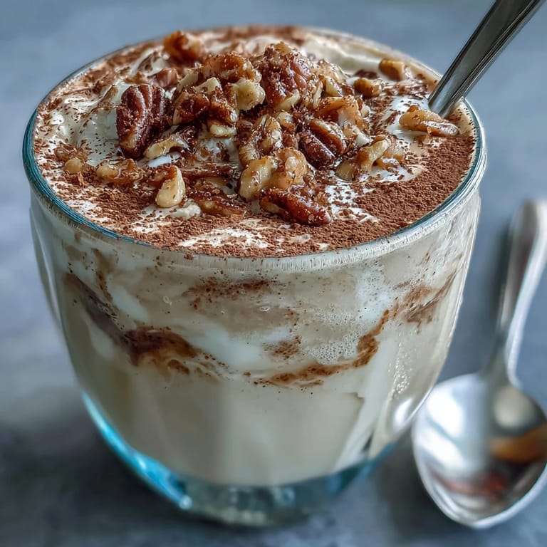 Chilled Hojicha milkshake garnished with whipped cream and nuts, ready to serve with a straw.