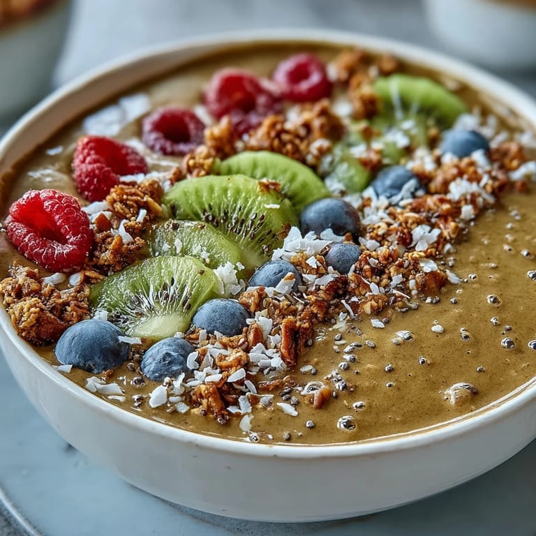Spoon into a vibrant Hojicha Smoothie Bowl with sliced bananas, chia seeds, and crunchy granola on a rustic table.